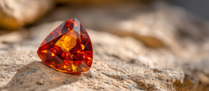 High-Quality Trillion Cut Vibrant Orange Spessartine Garnet Gemstone on Natural Desert Rock
