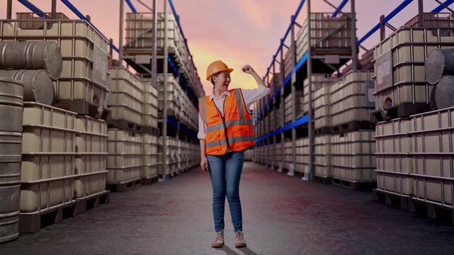 Full Body Of Asian Female Engineer With Safety Helmet Flexing Her Bicep And Smiling To Camera While Standing at Warehouse with Containers and Barrels