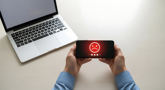 Person holding smartphone showing bad review with sad face and one star rating negative feedback concept