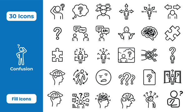 Set of 30 simple icons depicting confusion, doubt, and indecision with question marks, puzzles, tangled thoughts, and perplexed people for concept visualization.