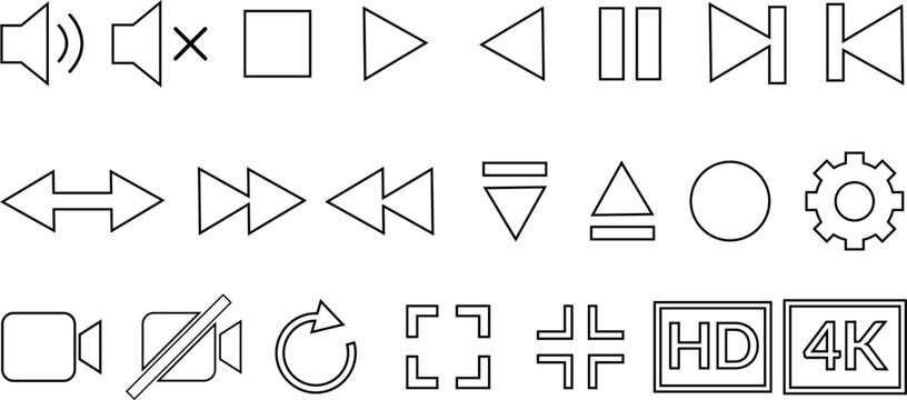 Collection of video playback control icons and resolutions