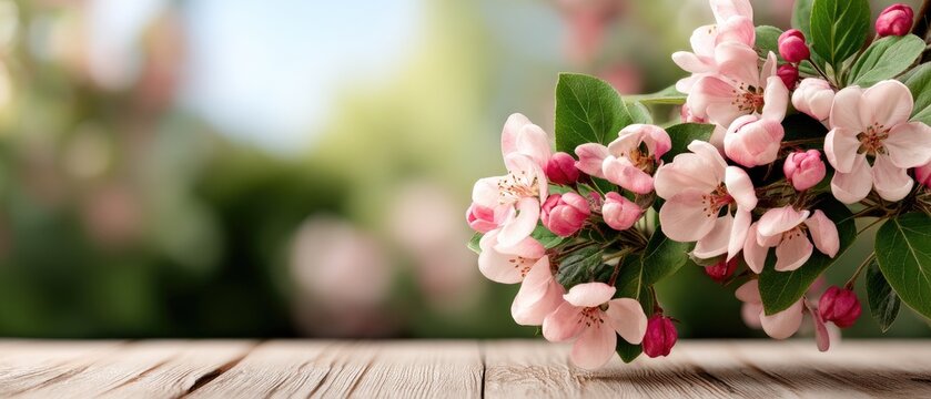 Product display mock-up on wooden table with blurred apple tree blossoms in spring garden setting