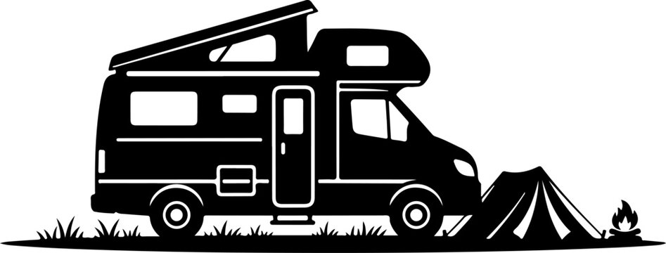 Camper van, motorhome, RV, camping vehicle, silhouette, black and white