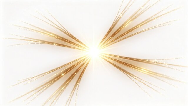 Golden fiber optic light burst with sparkling particles on white background abstract technology concept for digital data transmission speed innovation and future communication netw