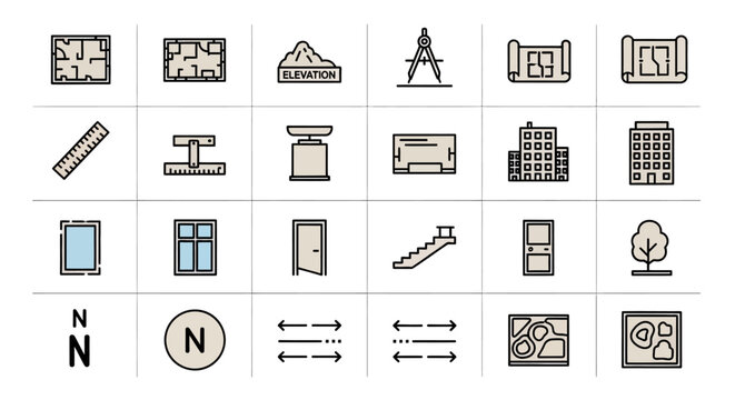 Collection of Flat Line Icons Representing Transportation and Navigation Elements