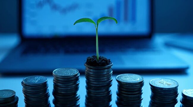 Coins stack with plant under rain protection investment growth concept financial security savings business finance