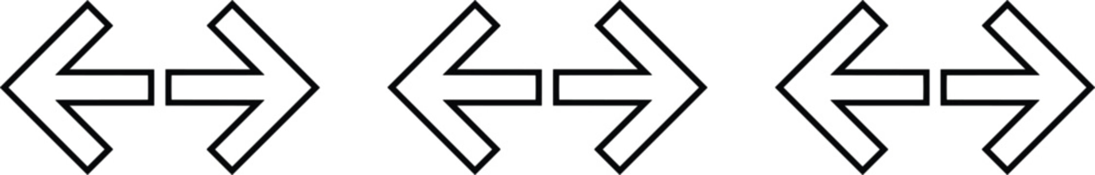 Trio of minimalist black and white double ended outline arrows pointing in opposite directions for horizontal navigation and interface comparison symbols