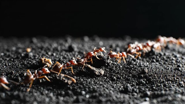 Colony of ants crawling on ground in a straight line, close up