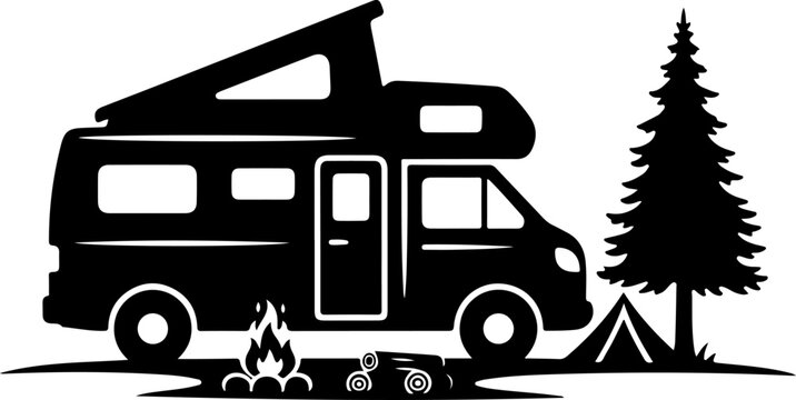 Camping, RV, motorhome, and tent vector silhouette, outdoor adventure icon