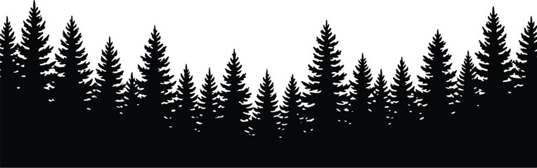 Coniferous forest silhouette with varied tree heights, natural skyline, artistic black and white minimalist landscape, tranquil wilderness design © Raianbin