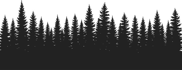 Coniferous forest skyline silhouette with varied pine and fir trees, artistic black and white minimalist nature illustration, wilderness design © Raianbin