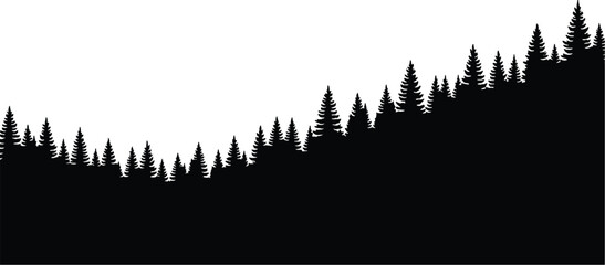 Black and white forest hillside silhouette with dense coniferous trees, ascending slope, natural skyline, artistic high‑contrast minimalist landscape design © Raianbin