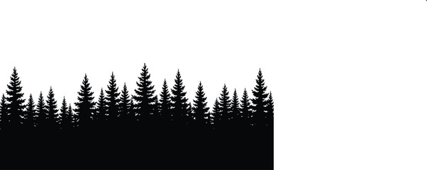 Silhouette of dense coniferous forest with jagged skyline, black pine and fir trees, minimalist high‑contrast nature illustration, artistic woodland design © Raianbin