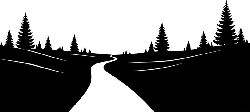 Black forest landscape silhouette, road through trees, scenic vector, monochrome illustration