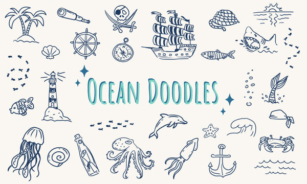 Ocean doodles vector set, hand drawn sea life cliparts, pirate ship, lighthouse and marine animals sketches, underwater world svg collection.