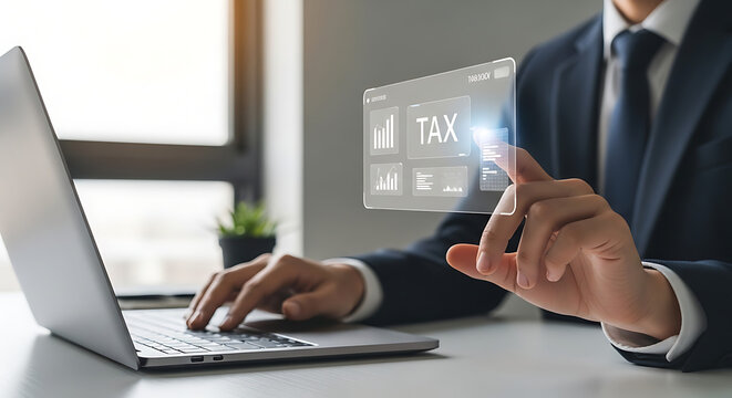 Businessman using laptop while interacting with holographic tax data display for financial accounting and compliance planning