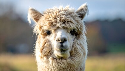 Obraz premium Close-up portrait of a fluffy alpaca standing in a grassy field under soft daylight