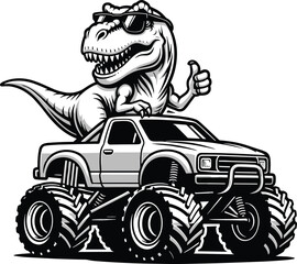 T rex dinosaur driving monster truck, black and white cartoon vector illustration of cool prehistoric creature with sunglasses and oversized off road vehicle © Liton Roy