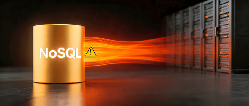 Gold NoSQL database cylinder with a warning icon and orange data streams. Network security alert concept in a dark server room environment