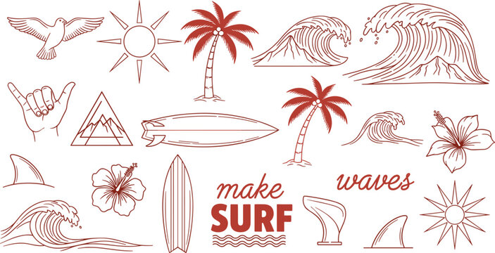 Red line art surf elements set, featuring waves, palm trees, sun, surfboard, hibiscus flowers, shark fin, and shaka hand sign.
