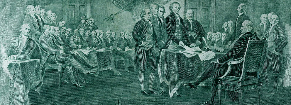 High resolution panoramic fragment of the back side of the two-dollar bill with The process of signing the US Declaration of Independence July 4, 1776