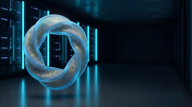 Continuous cybernetic loop with electronic circuit traces in a modern quantum computing facility.