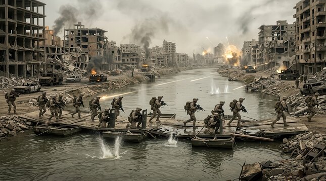 Soldiers crossing a temporary bridge over a river in a destroyed city