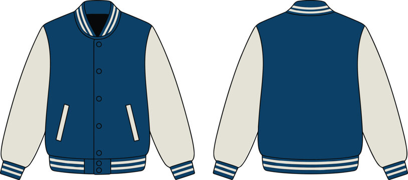 Stylish varsity jacket front and back view vector illustration with blue and beige color scheme