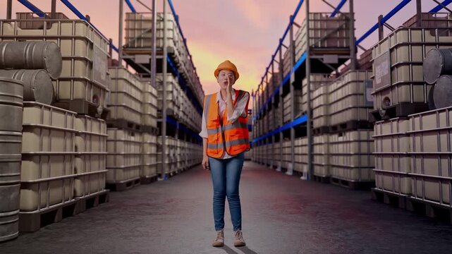 Full Body Of Asian Female Engineer With Safety Helmet Yelling With Hand Over Mouth While Standing at Warehouse with Containers and Barrels
