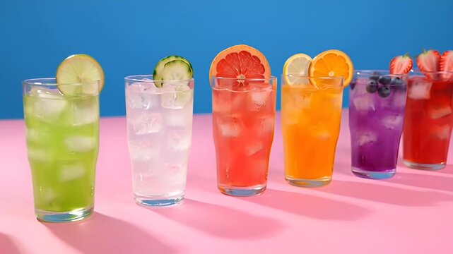 Colorful array of refreshing summer drinks with fruits on pink table