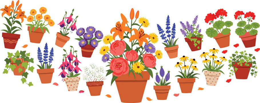 Potted Plant and Garden Flower Collection Featuring Terracotta Pots with Lilies Geraniums Fuchsia and Ivy for Home Decor Nursery Branding and Spring Gardening Vector Illustrations