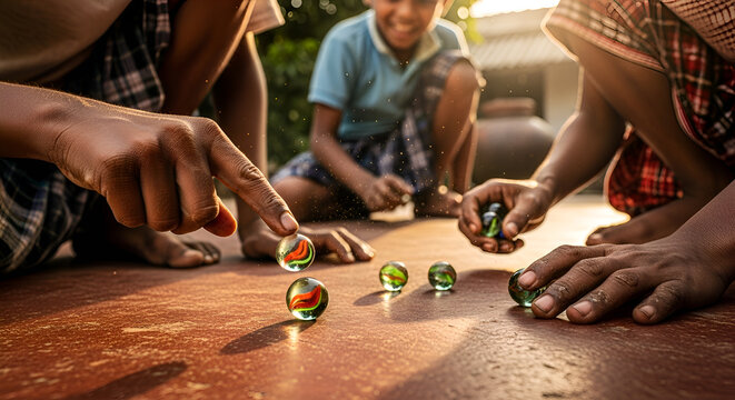 Close up of village children playing marbles on the ground in rural area