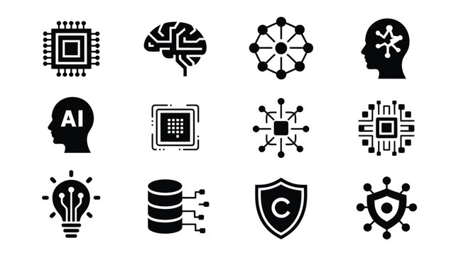 Minimalist techno icons for ai technology and innovation concepts on white background