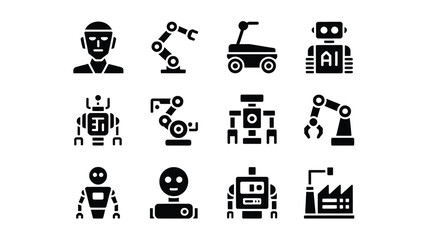 Minimalist vector icons of robots ai and automation technology including humanoid and industrial robots gears and mechanical arms on a white background