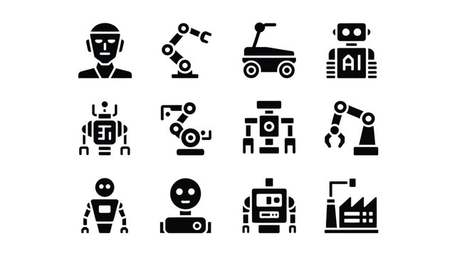 Minimalist vector icons of robots ai and automation technology including humanoid and industrial robots gears and mechanical arms on a white background