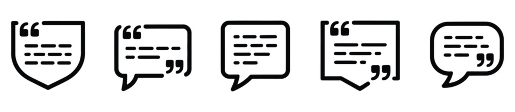 Five quote mark speech balloon graphics collection with varied borders and text blocks, vector illustration set for dialogue, communication