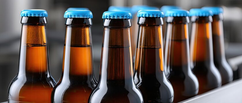 Bottles of beer line the production track in a brewery with a focus on blue caps and dark liquid in a blurry setting taken with a Nikon camera at f9