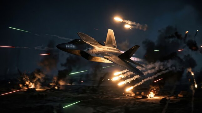Jet aircraft over battlefield with flares and tracer fire at night