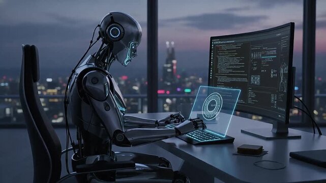 Silver humanoid robot sits at desk typing on glowing holographic laptop as large monitor shows code in high-rise office with dusk city skyline behind window.
