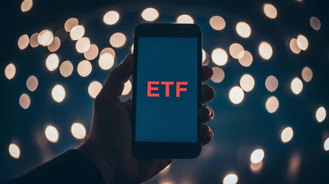 Hand holding smartphone displaying etf text against a bokeh background of warm lights