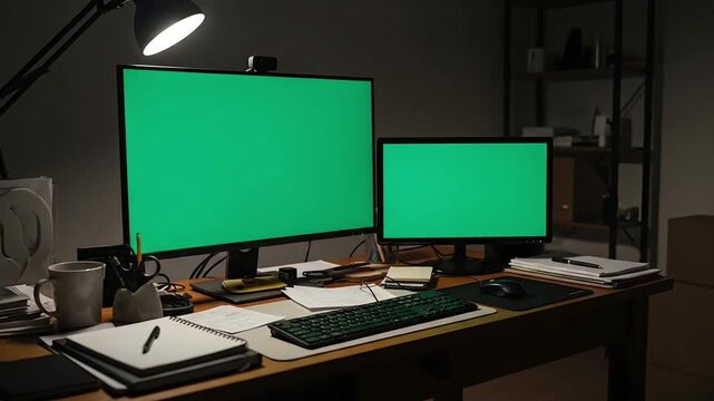 Home office desk with two large green screen monitors and a desk lamp casting warm light
