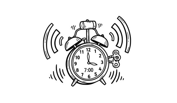Black and white doodle alarm clock ringing loudly with sound waves vector illustration