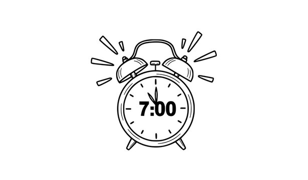 Hand drawn ringing alarm clock vector with motion lines showing exact time concept