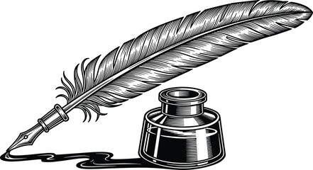 Vintage black and white engraving illustration of a classic feather quill pen, alongside a glass inkwell, with spilled liquid ink. © Niheranjan