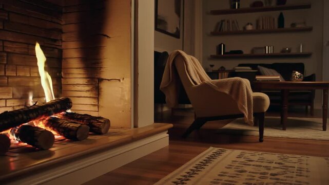 Glowing brick fireplace with burning logs in a quiet living room