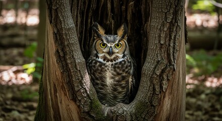 Obraz premium Great Horned Owl sitting in a tree hollow, looking directly at the camera in its forest habitat