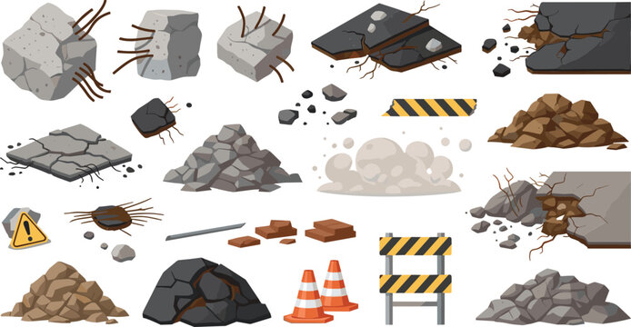 Road damage and construction debris collection with cracks, rubble piles, broken asphalt, barriers, and warning cones in flat vector illustration