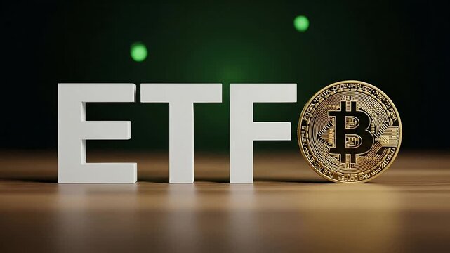 White etf letters alongside a golden bitcoin coin with a blurred green background