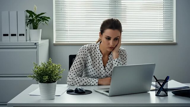 Woman sleeping at her desk in a modern office with a laptop and plants