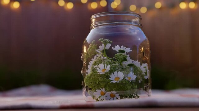 Sunlit garden scene with glass jar holding fresh white daisy wildflower blooms